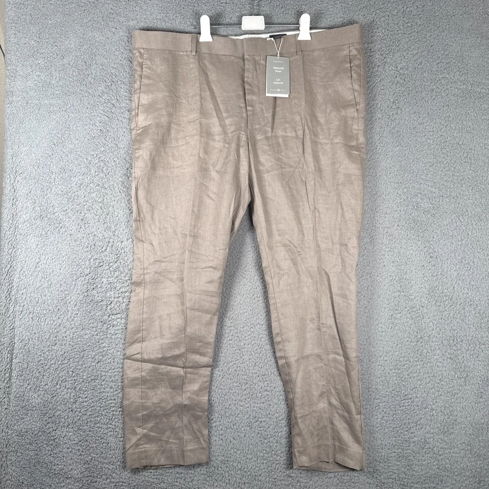 H&M Linen Pants Mens 46x30 Slim Fit Cropped Taupe Summer Trousers Beach Resort